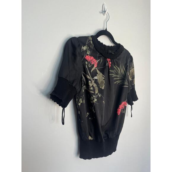 Ted Baker Floral Puff Sleeve Blouse Women Size 1 Black Red Tropical Top - Picture 6 of 7